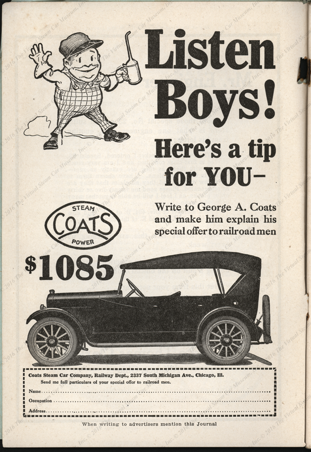 Coats Steam Car Company, April1922 advertisement in Locomobive Engineers Journal, Vol. 56, No. 4